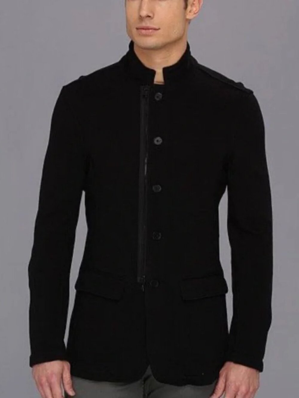 John Varvatos USA Cotton Zipper Button Up Mandarin Collar Jacket